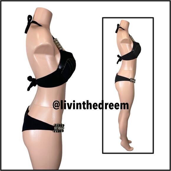 Beach Bunny Black Panthera Crystal Accents and Scrunch Bottom XL/M Set $300 - Picture 8 of 14